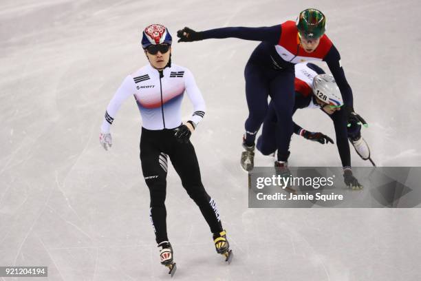 Yira Seo of Korea, Dylan Hoogerwerf of the Netherlands and Sebastien Lepape of France compete during the Men's Short Track Speed Skating 500m Heats...