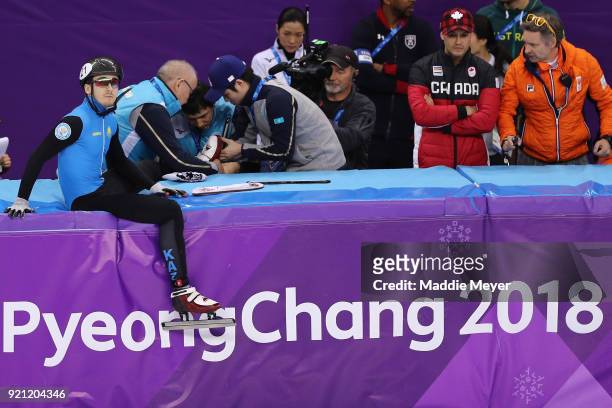 Denis Nikisha of Kazakhstan during the Men's Short Track Speed Skating 500m Heats on day eleven of the PyeongChang 2018 Winter Olympic Games at...