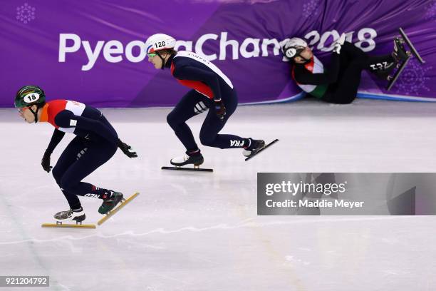 Viktor Knoch of Hungary crashes out during the Men's Short Track Speed Skating 500m Heats on day eleven of the PyeongChang 2018 Winter Olympic Games...