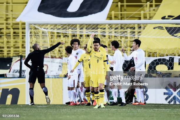 Cristiano of Kashiwa Reysol reacts after his penalty kick was saved by Zhang Lu of Tianjin Quanjian during the AFC Champions League match between...