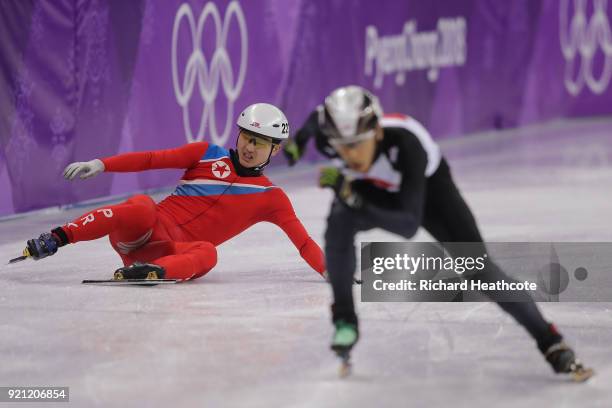 Kwang Bom Jong of North Korea crashes out during the Men's Short Track Speed Skating 500m Heats on day eleven of the PyeongChang 2018 Winter Olympic...