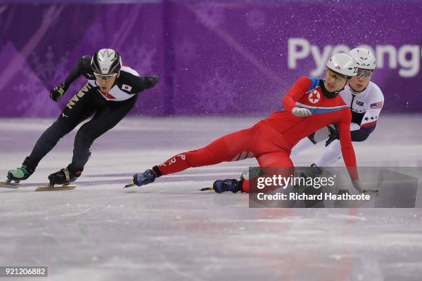 Kwang Bom Jong of North Korea crashes out during the Men's Short Track Speed Skating 500m Heats on day eleven of the PyeongChang 2018 Winter Olympic...