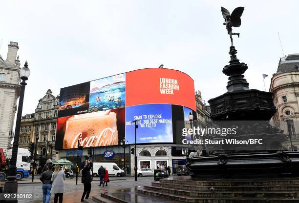 London Fashion Week banner is seen at Piccadilly Circus during London Fashion Week February 2018 on February 20, 2018 in London, England.