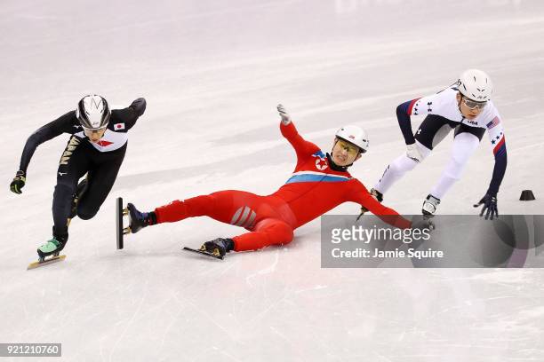 Kwang Bom Jong of North Korea crashes out during the Men's Short Track Speed Skating 500m Heats on day eleven of the PyeongChang 2018 Winter Olympic...