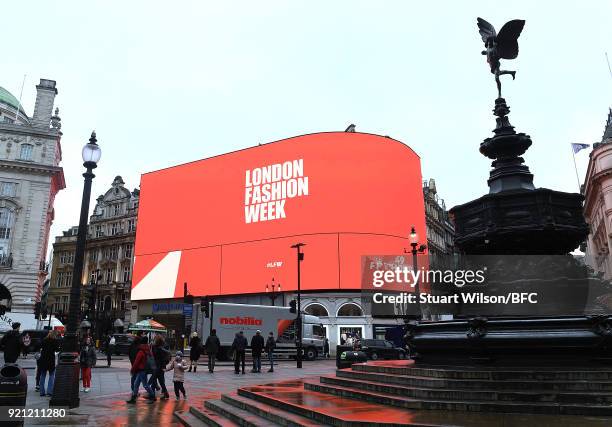 London Fashion Week banner is seen at Piccadilly Circus during London Fashion Week February 2018 on February 20, 2018 in London, England.