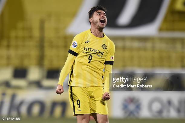 Cristiano of Kashiwa Reysol celebrates scoring the opening goal during the AFC Champions League match between Kashiwa Reysol and Tianjin Quanjian at...