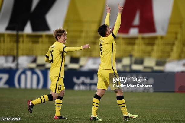Cristiano of Kashiwa Reysol celebrates scoring the opening goal with his team mate Kim Bo-kyung during the AFC Champions League match between Kashiwa...