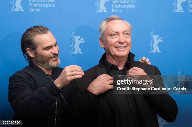 Joaquin Phoenix and Udo Kier pose at the 'Don't Worry, He Won't Get Far on Foot' photo call during the 68th Berlinale International Film Festival...