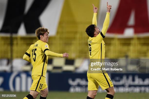 Cristiano of Kashiwa Reysol celebrates scoring the opening goal with his team mate Kim Bo-kyung during the AFC Champions League match between Kashiwa...