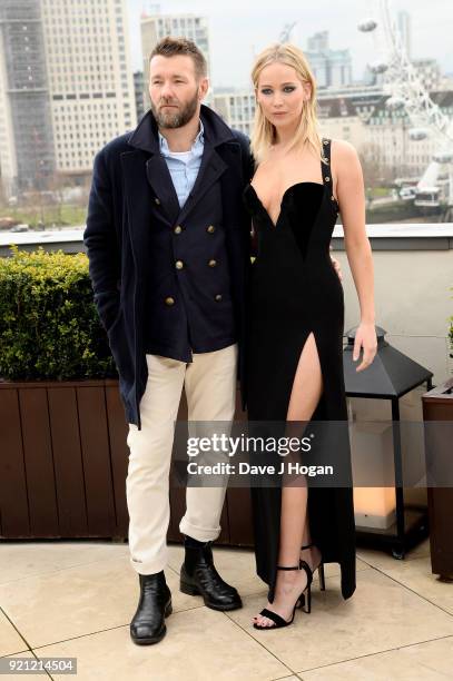 Joel Edgerton and Jennifer Lawrence attend the 'Red Sparrow' photocall at The Corinthia Hotel on February 20, 2018 in London, England.