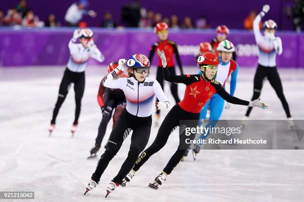 Minjeong of Choi of Korea celebrates winning the gold medal during the Ladies Short Track Speed Skating 3000m Relay Final A on day eleven of the...