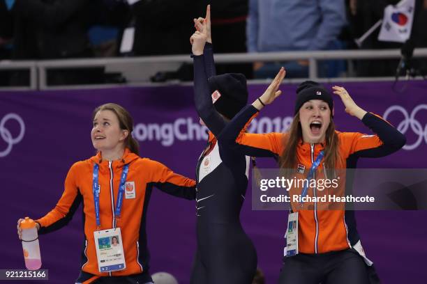 The Neterlands team celebrate winning the bronze medal following the Ladies Short Track Speed Skating 3000m Relay Final A on day eleven of the...