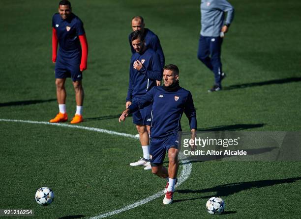 Daniel Carrico of Sevilla FC in action during a Sevilla FC training session prior to their UEFA Champions League match against Manchester United at...