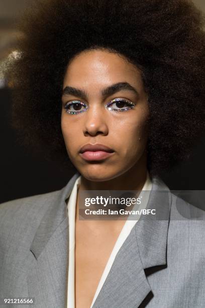 Model backstage ahead of the Natasha Zinko show during London Fashion Week February 2018 at The Queen Elizabeth II Conference Centre on February 20,...