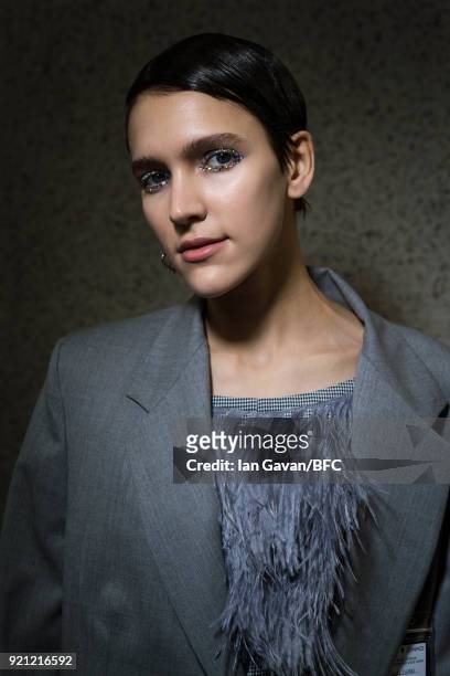 Model backstage ahead of the Natasha Zinko show during London Fashion Week February 2018 at The Queen Elizabeth II Conference Centre on February 20,...
