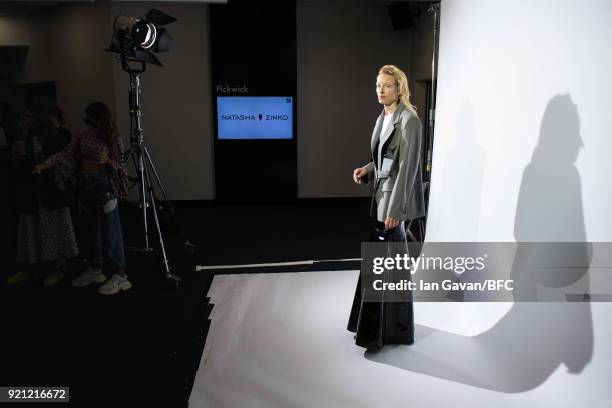 Model backstage ahead of the Natasha Zinko show during London Fashion Week February 2018 at The Queen Elizabeth II Conference Centre on February 20,...