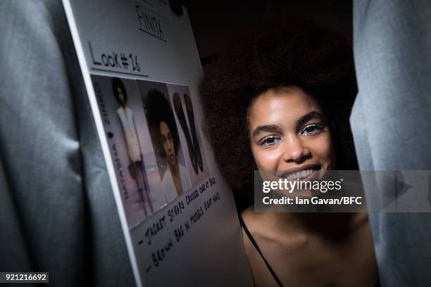 Model backstage ahead of the Natasha Zinko show during London Fashion Week February 2018 at The Queen Elizabeth II Conference Centre on February 20,...