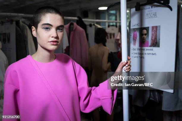 Model backstage ahead of the Natasha Zinko show during London Fashion Week February 2018 at The Queen Elizabeth II Conference Centre on February 20,...