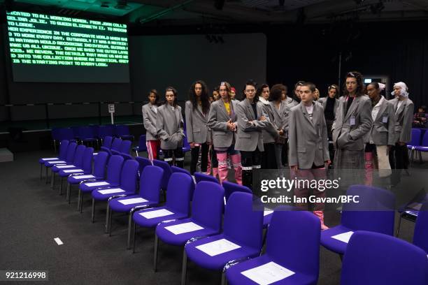 Models backstage ahead of the Natasha Zinko show during London Fashion Week February 2018 at The Queen Elizabeth II Conference Centre on February 20,...