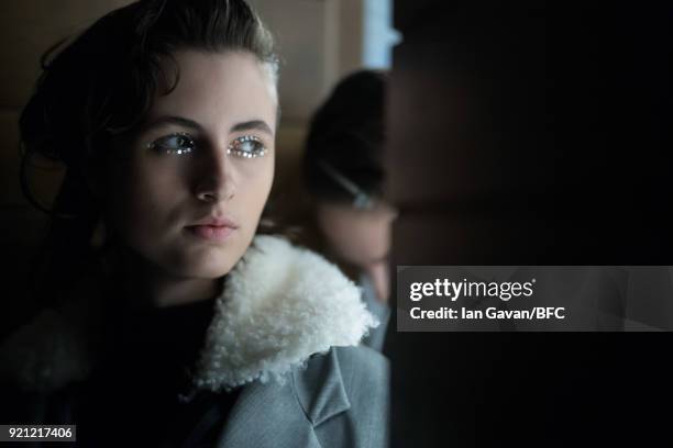 Model backstage ahead of the Natasha Zinko show during London Fashion Week February 2018 at The Queen Elizabeth II Conference Centre on February 20,...