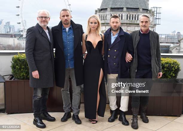 Francis Lawrence, Matthias Schoenaerts, Jennifer Lawrence, Joel Edgerton and Jeremy Irons attend the "Red Sparrow" photocall at Corinthia London on...