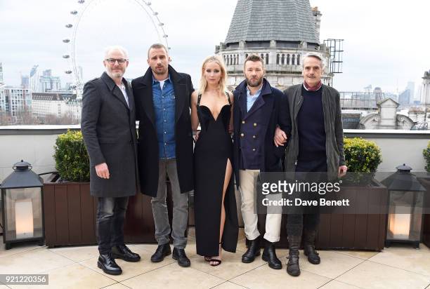 Francis Lawrence, Matthias Schoenaerts, Jennifer Lawrence, Joel Edgerton and Jeremy Irons attend the "Red Sparrow" photocall at Corinthia London on...