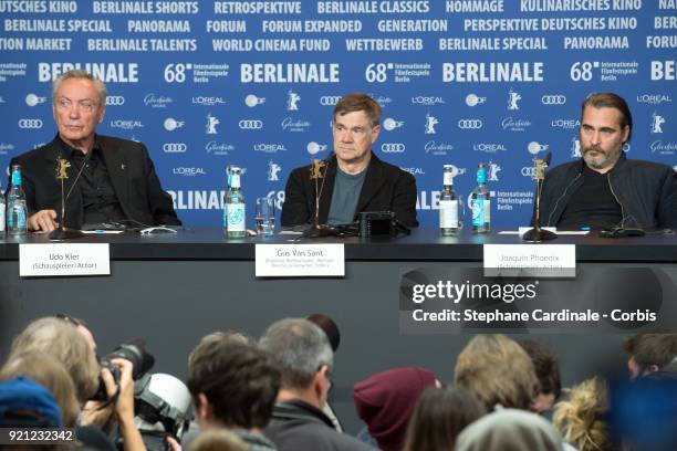 Udo Kier, Gus Van Sant and Joaquin Phoenix attend the 'Don't Worry, He Won't Get Far on Foot' press conference during the 68th Berlinale...