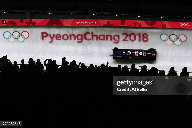 Mica McNeill and Mica Moore of Great Britain slide during the Women's Bobsleigh heats at the Olympic Sliding Centre on day eleven of the PyeongChang...