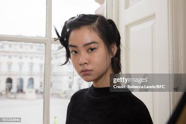 Model backstage ahead of the Alexander White Presentation during London Fashion Week February 2018 at Somerset House on February 20, 2018 in London,...