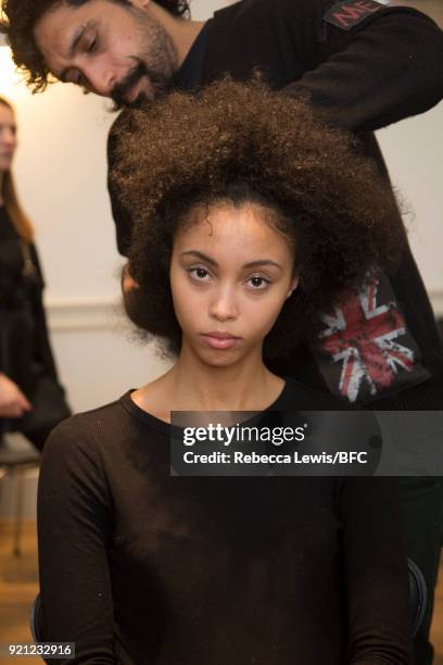 Model backstage ahead of the Alexander White Presentation during London Fashion Week February 2018 at Somerset House on February 20, 2018 in London,...