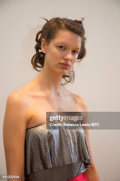Model backstage ahead of the Alexander White Presentation during London Fashion Week February 2018 at Somerset House on February 20, 2018 in London,...