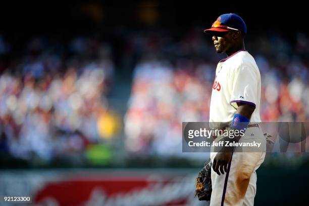 First baseman Ryan Howard of the Philadelphia Phillies stands in the field against the Colorado Rockies in Game Two of the NLDS during the 2009 MLB...