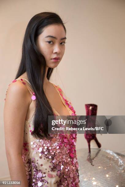 Model poses at the Alexander White Presentation during London Fashion Week February 2018 at Somerset House on February 20, 2018 in London, England.