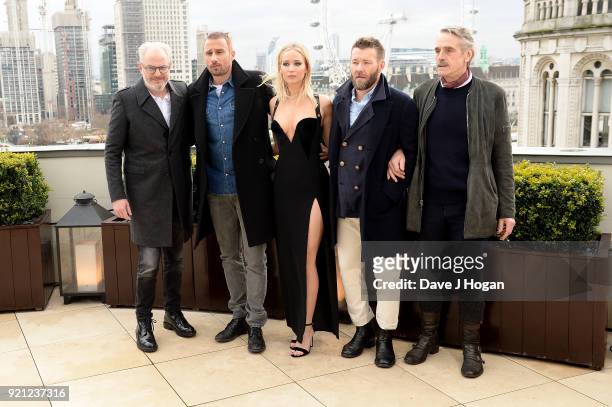 Director Francis Lawrence, Matthias Schoenaerts, Jennifer Lawrence, Joel Edgerton and Jeremy Irons attend the 'Red Sparrow' photocall at The...