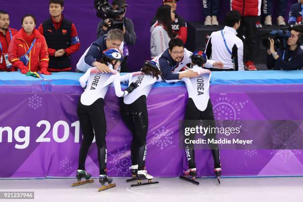 The Korea team celebrate winning the gold medal following the Ladies Short Track Speed Skating 3000m Relay Final A on day eleven of the PyeongChang...