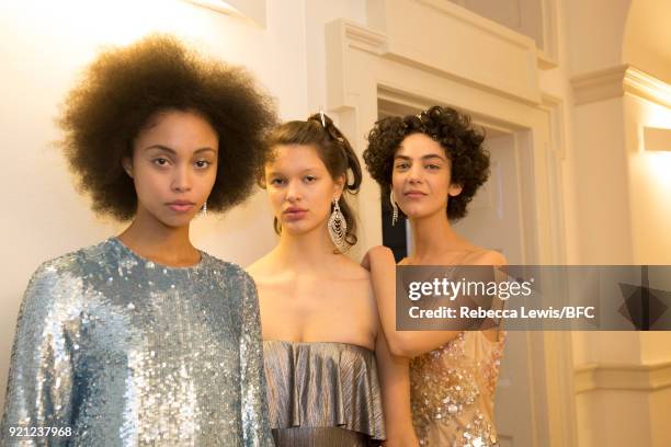 Models backstage ahead of the Alexander White Presentation during London Fashion Week February 2018 at Somerset House on February 20, 2018 in London,...