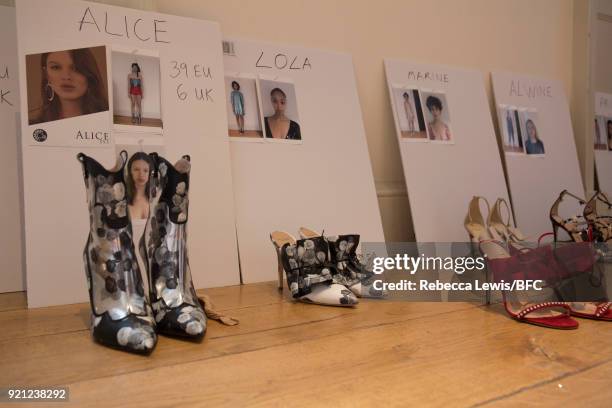 Model, shoe detail, poses at the Alexander White presentation during London Fashion Week February 2018 on February 20, 2018 in London, England.