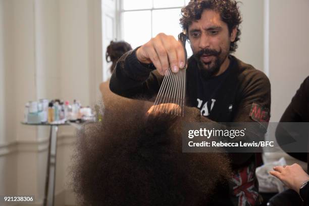 General view backstage ahead of the Alexander White Presentation during London Fashion Week February 2018 at Somerset House on February 20, 2018 in...