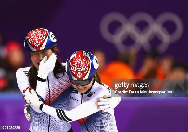 Alang Kim of Korea and Minjeong Choi of Korea celebrate following the Ladies Short Track Speed Skating 3000m Relay Final A on day eleven of the...