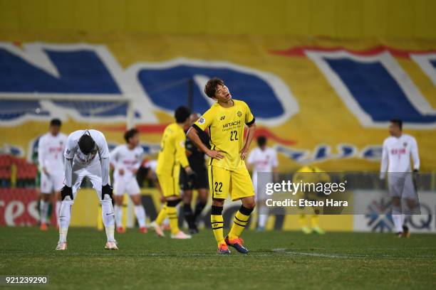 Park Jeong-su of Kashiwa Reysol shows frustration after the 1-1 draw in the AFC Champions League match between Kasshiwa Reysol and Tianjin Quanjian...