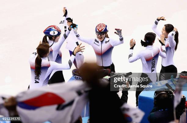The Korea team celebrate winning the gold medal following the Ladies Short Track Speed Skating 3000m Relay Final A on day eleven of the PyeongChang...