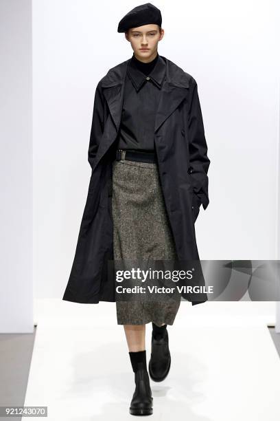 Model walks the runway at the Margaret Howell Ready to Wear Fall/Winter 2018-2019 fashion show during London Fashion Week February 2018 on February...