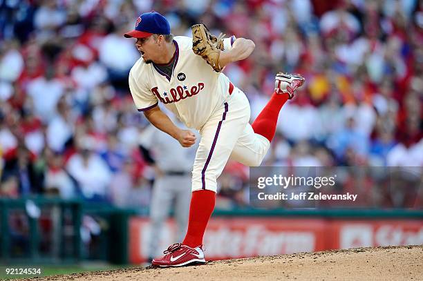 Joe Blanton of the Philadelphia Phillies throws a pitch against the Colorado Rockies in Game Two of the NLDS during the 2009 MLB Playoffs at Citizens...