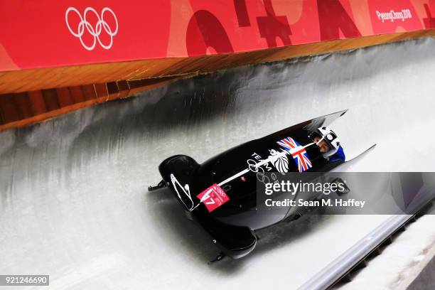 Mica McNeill and Mica Moore of Great Britain slide during the Women's Bobsleigh heats at the Olympic Sliding Centre on day eleven of the PyeongChang...