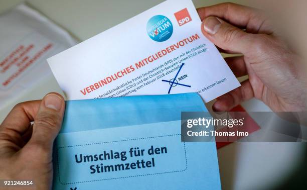 Election documents for the member vote, or Mitgliedervotum, of the SPD party members on February 20, 2018 in Berlin, Germany. All members of German...