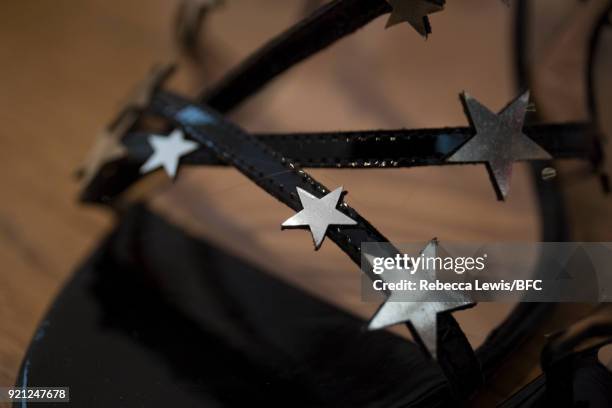 Shoe, strap detail, on display at the Alexander White Presentation during London Fashion Week February 2018 at Somerset House on February 20, 2018 in...