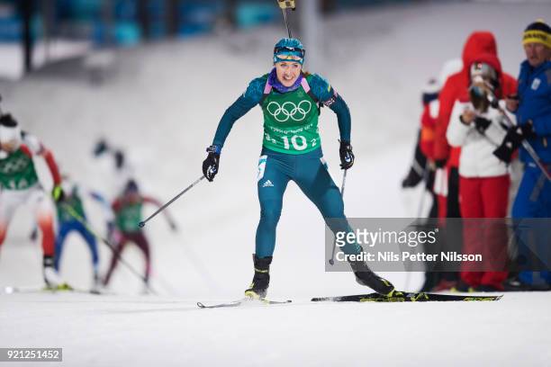 Yuliia Dzhima of Ukraine during the Biathlon 2x6km Women + 2x7.5km Men Mixed Relay at Alpensia Biathlon Centre on February 20, 2018 in...