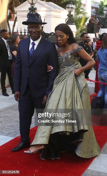 Bheki Cele and his wife Thembeka Ngcobo on the red carpet at the State of the Nation Address 2018 in Parliament on February 16, 2018 in Cape Town,...
