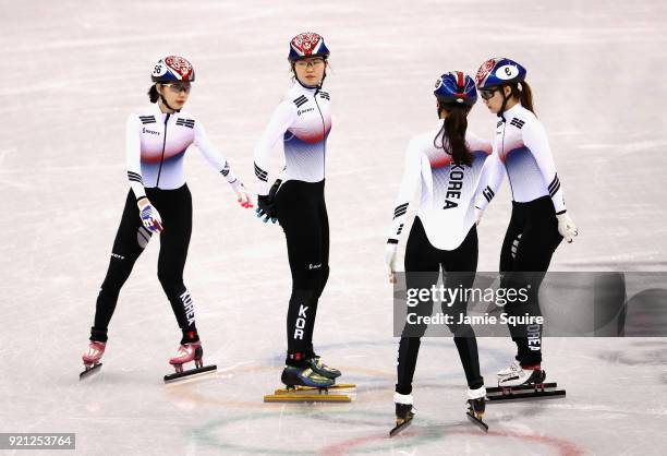 Team Korea prepare to race in the Ladies Short Track Speed Skating 3000m Relay Final A on day eleven of the PyeongChang 2018 Winter Olympic Games at...