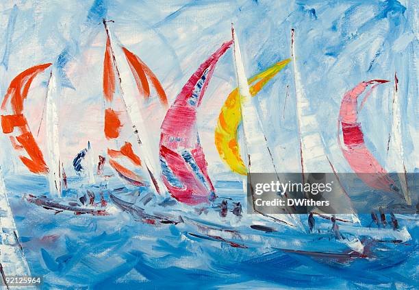 stockillustraties, clipart, cartoons en iconen met sailing yachts racing - spinnaker